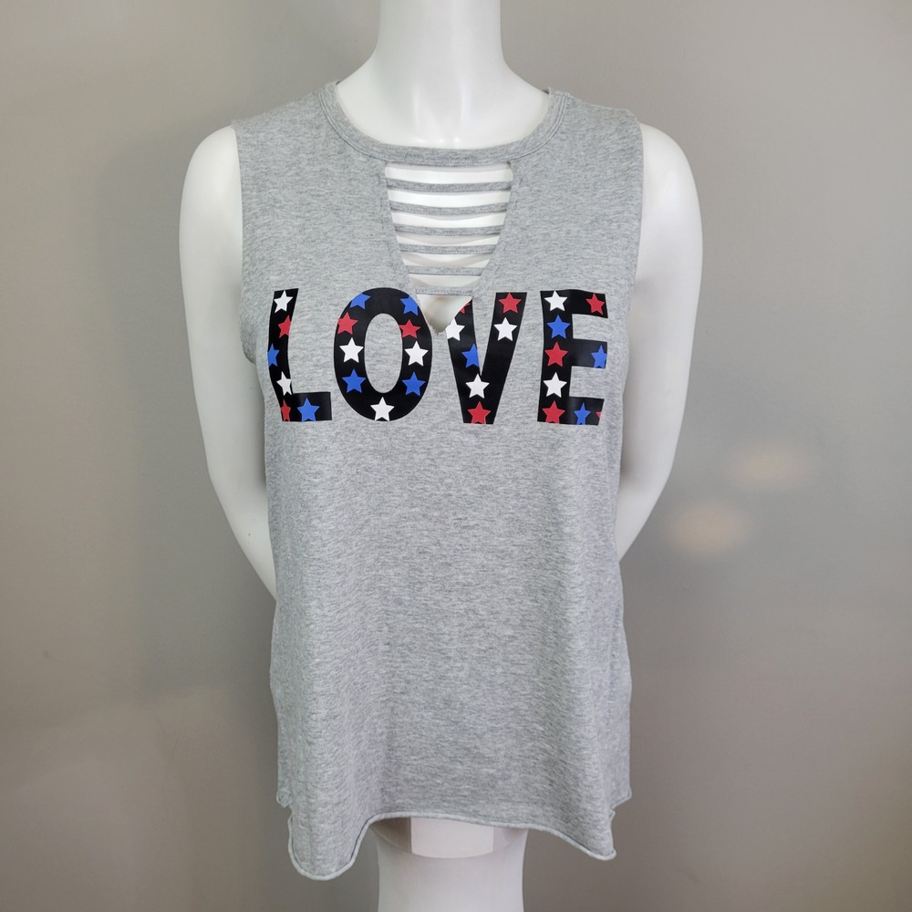 No‎ Boundaries Love Tank Top Patriotic Stars Stripes Sleeveless Gray Juniors L